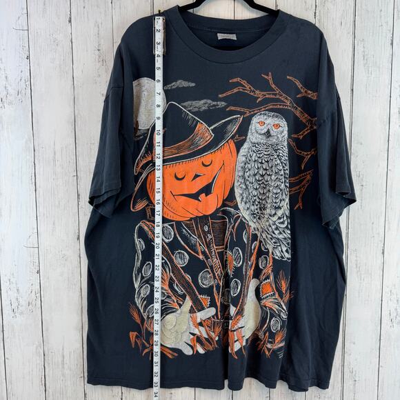 VTG Kittens Black Halloween Pumpkin Scarecrow Tee USA Plus One Size Oversized - Picture 14 of 16